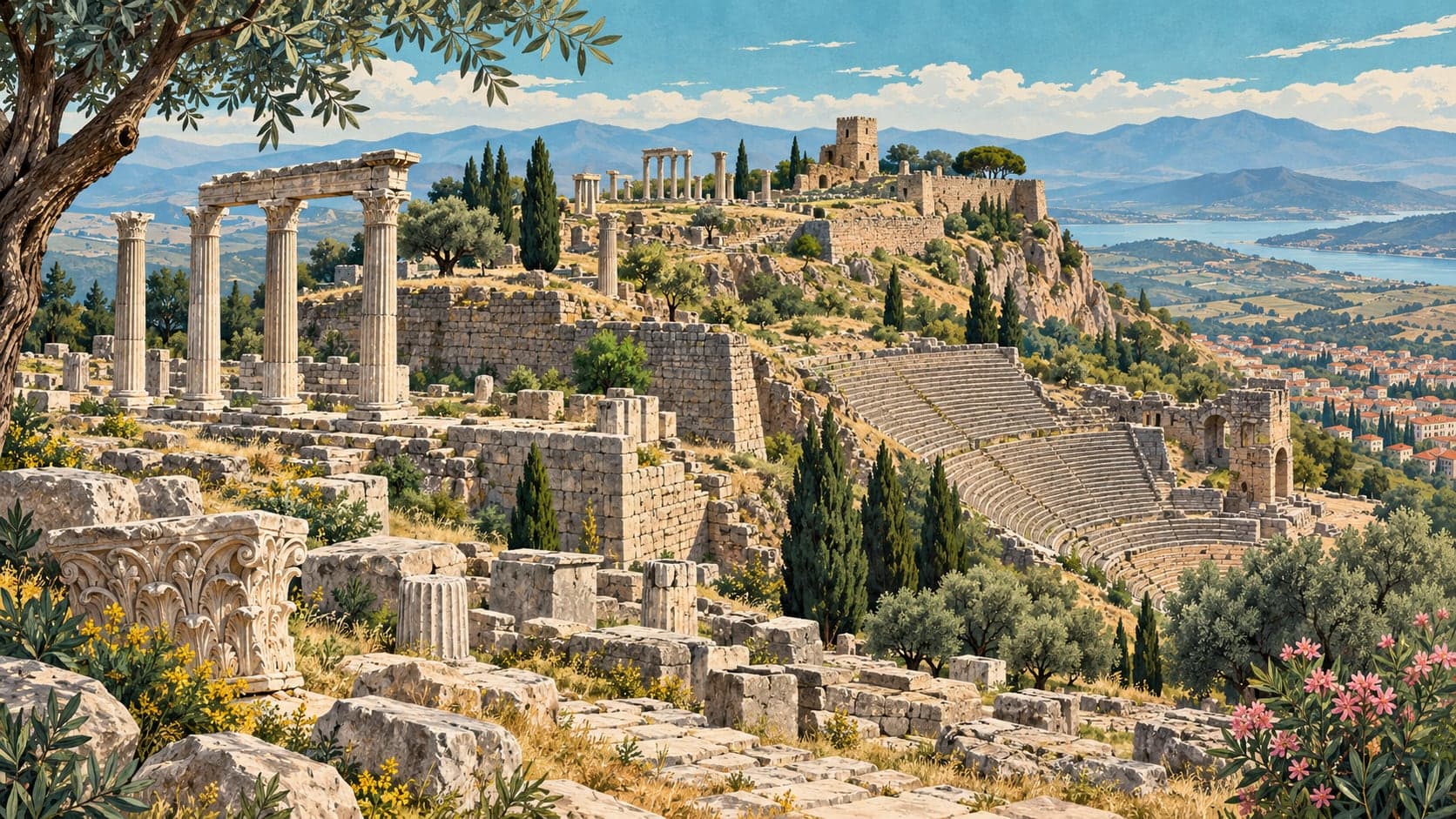 Illustration of Pergamon Acropolis, İzmir