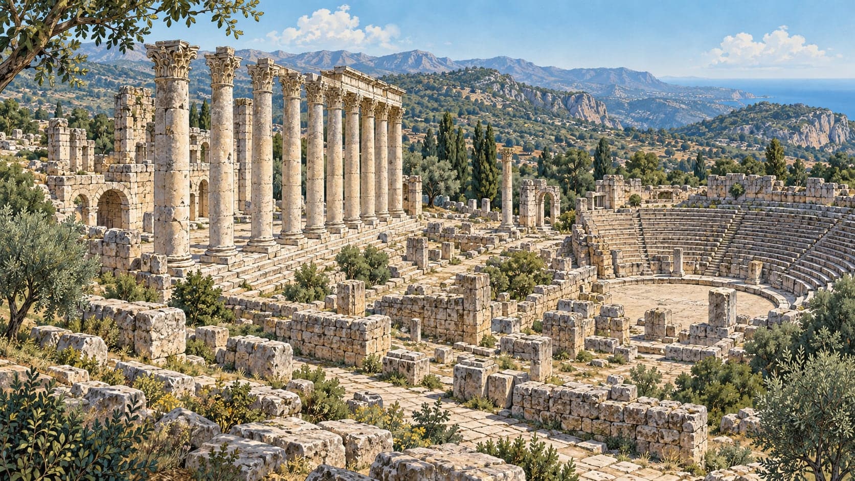 Illustration of Uzuncaburç Archaeological Site, Mersin